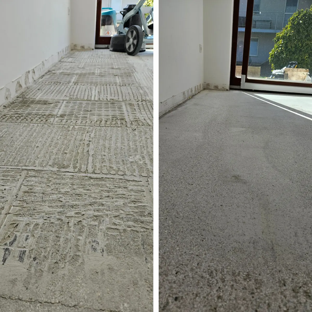 Tla pred odstranitvijo starega lepila za ploščice in po njej